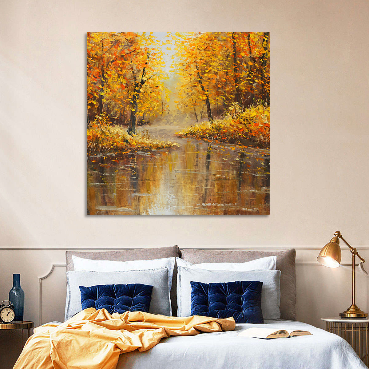 Golden Autumn River Reflection Wall Art in a room, square