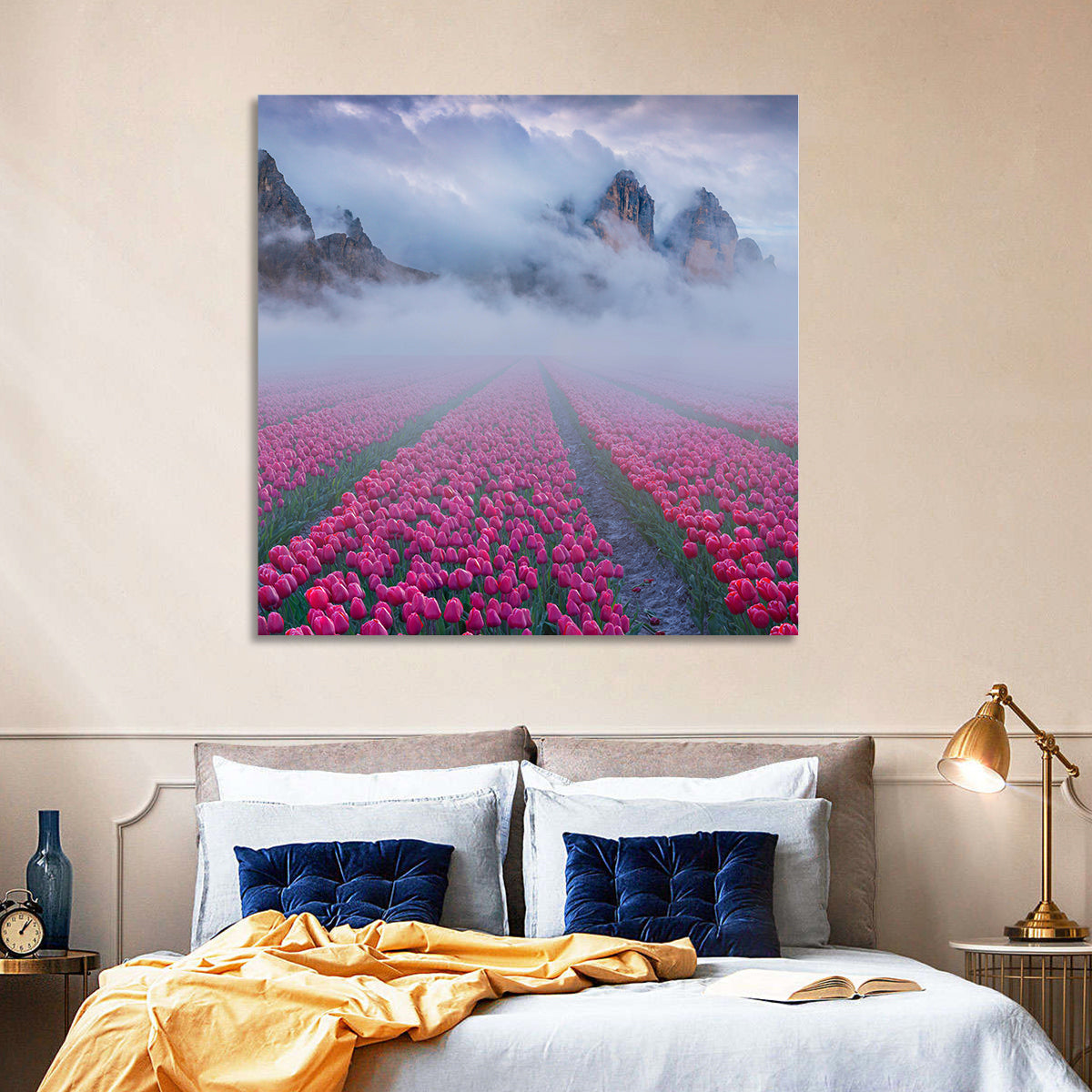 Misty Pink Tulip Field Wall Art in a room, square