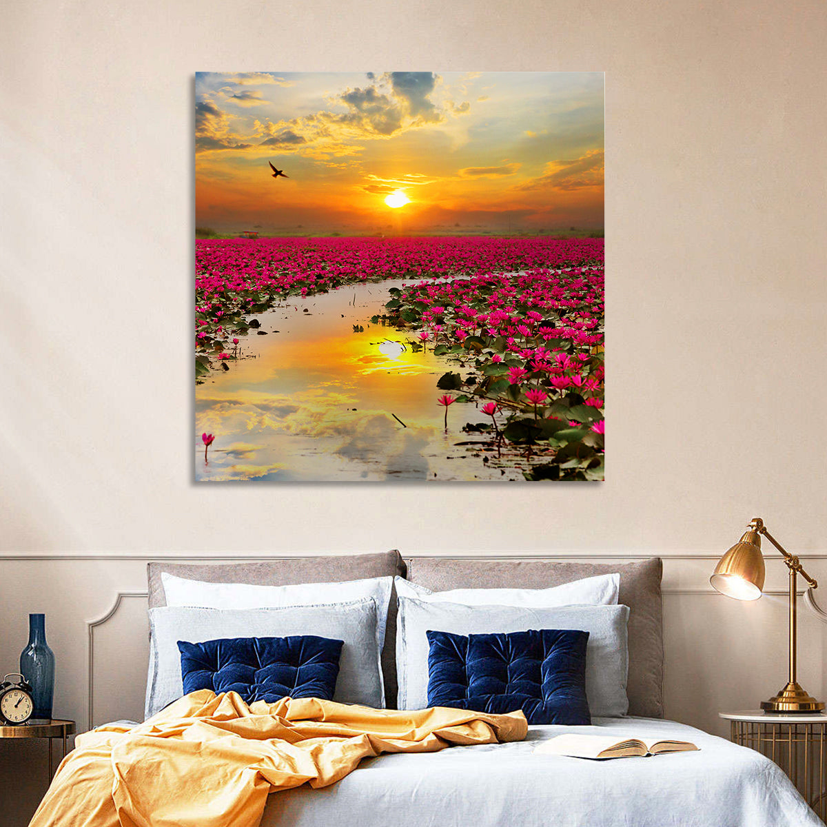 Golden Hour Lotus Field Wall Art in a room, square