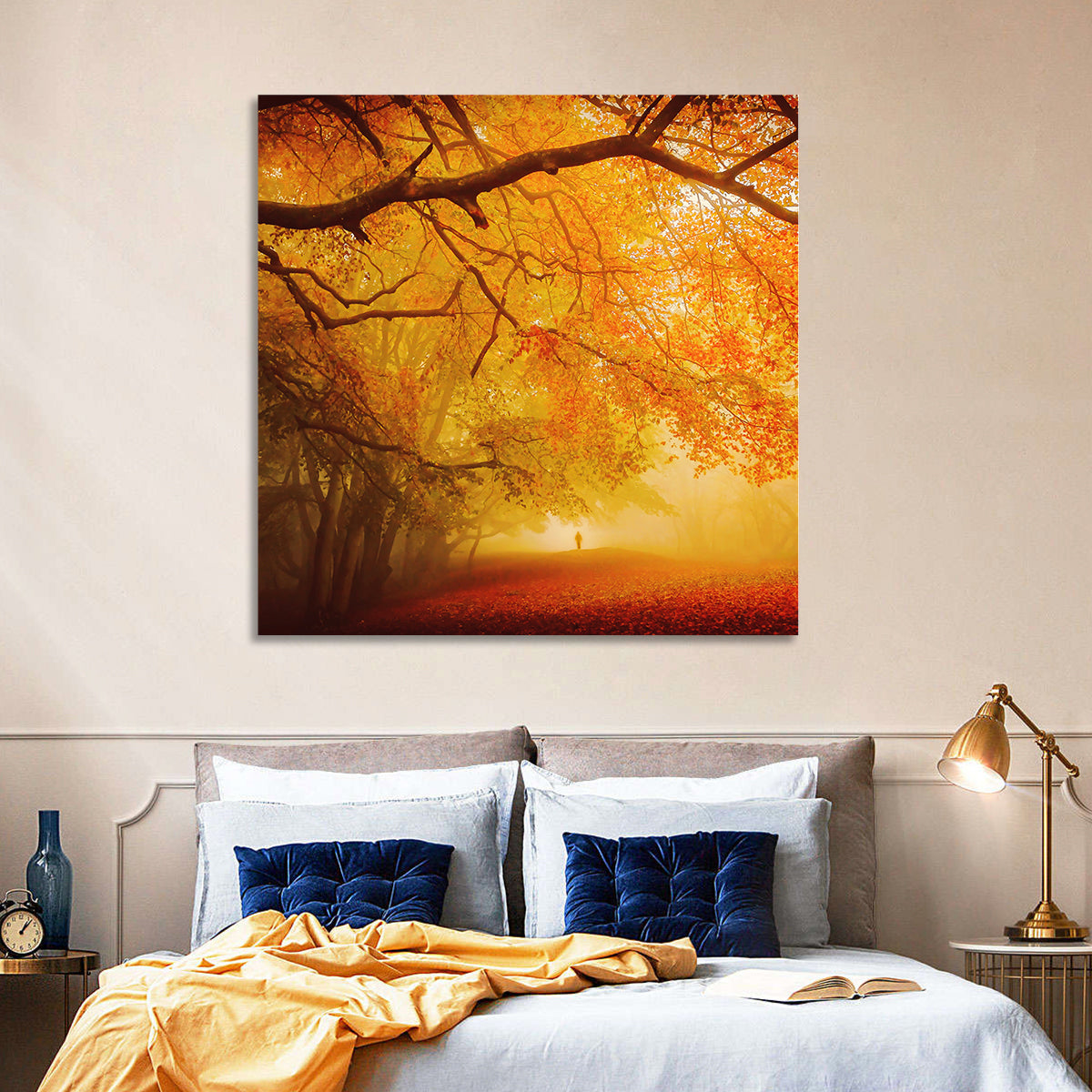 Autumn Forest Path with Lone Figure Wall Art in a room, square