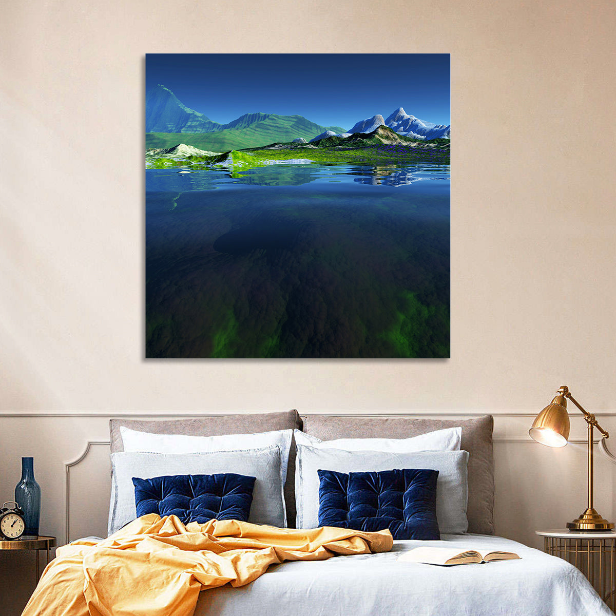 Mountain Lake Split View Wall Art in a room, square