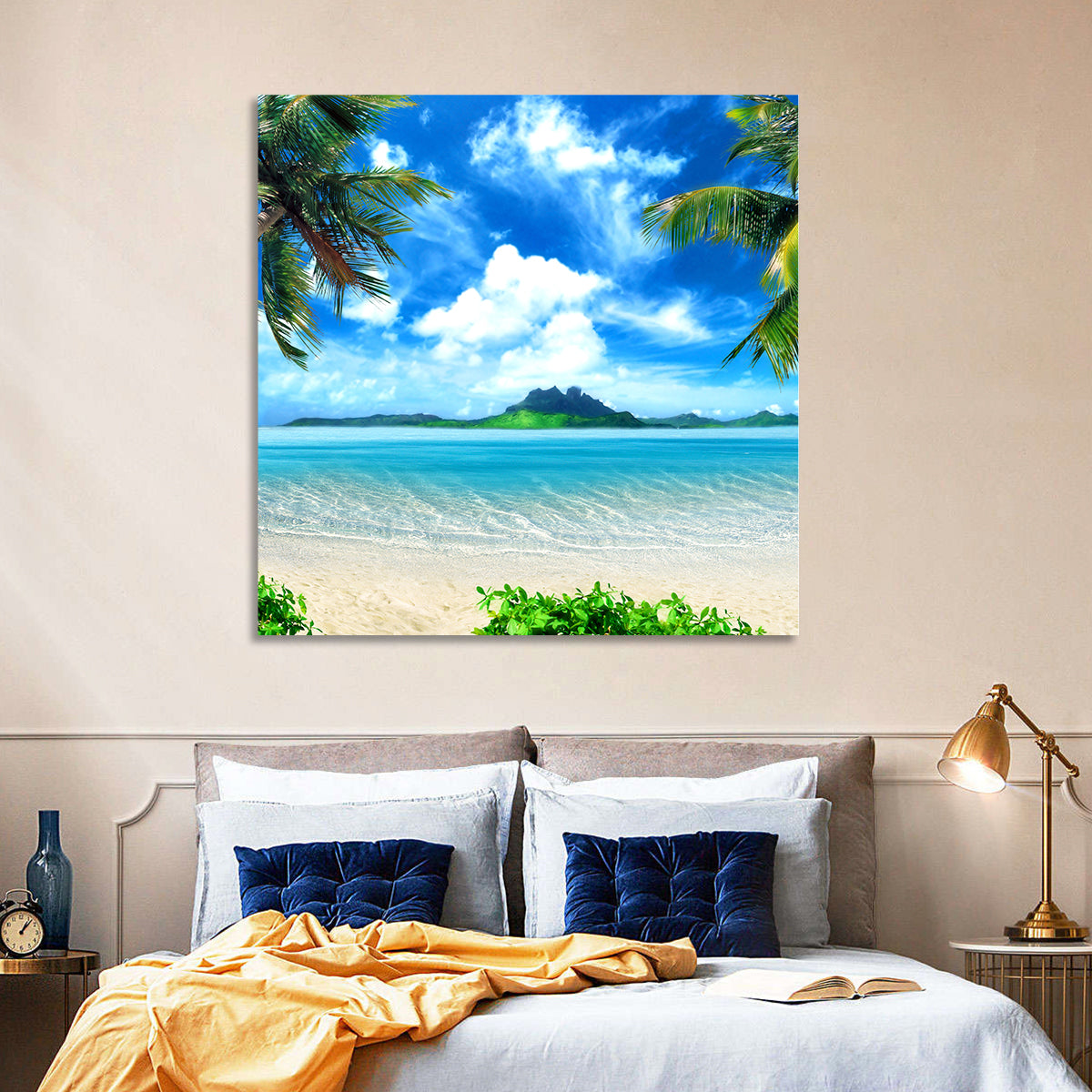 Palm-framed Tropical Island Beach Wall Art in a room, square