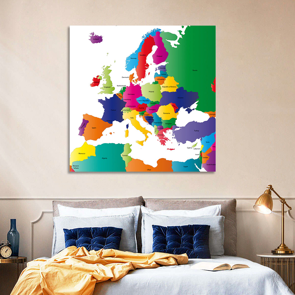 Modern Coloured Map of Europe Wall Art in a room, square