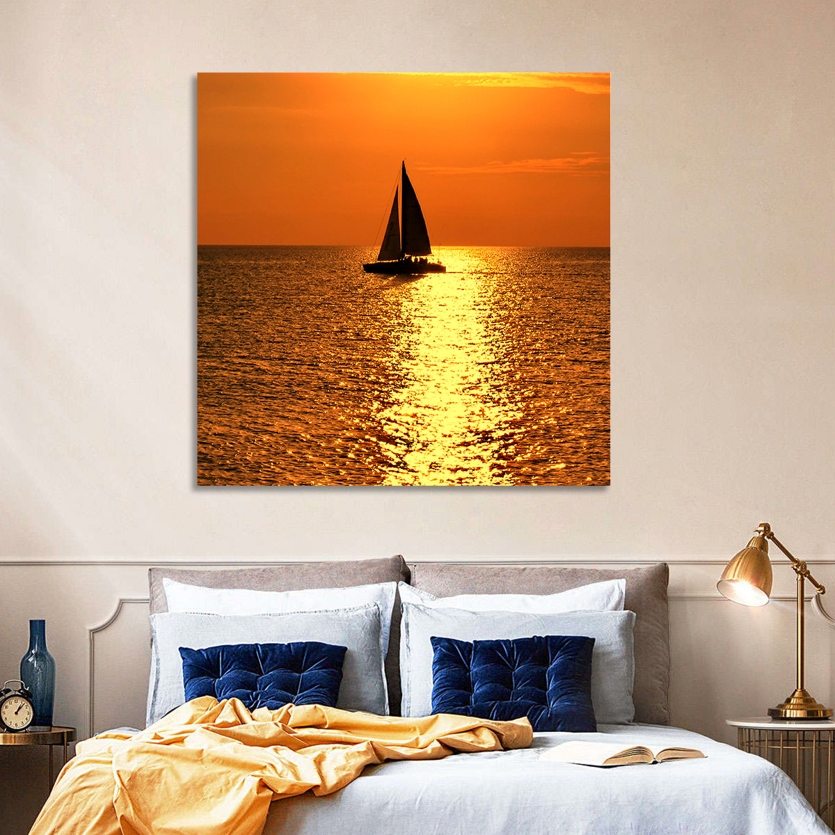 Sailboat Silhouette at Golden Sunset Wall Art in a room, square