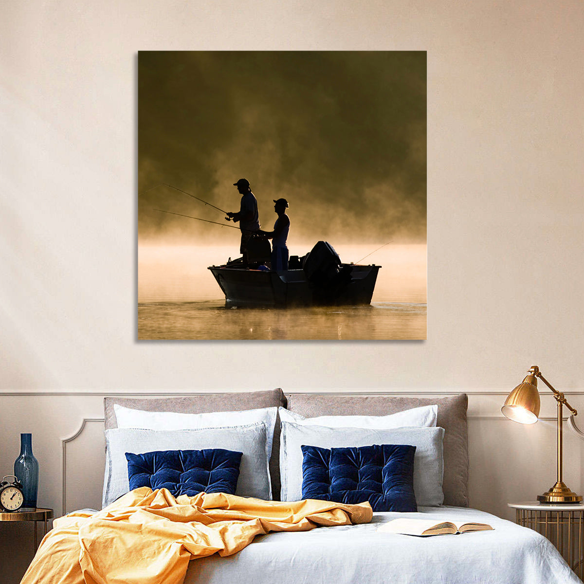 Misty Lake Fishing Wall Art in a room, square