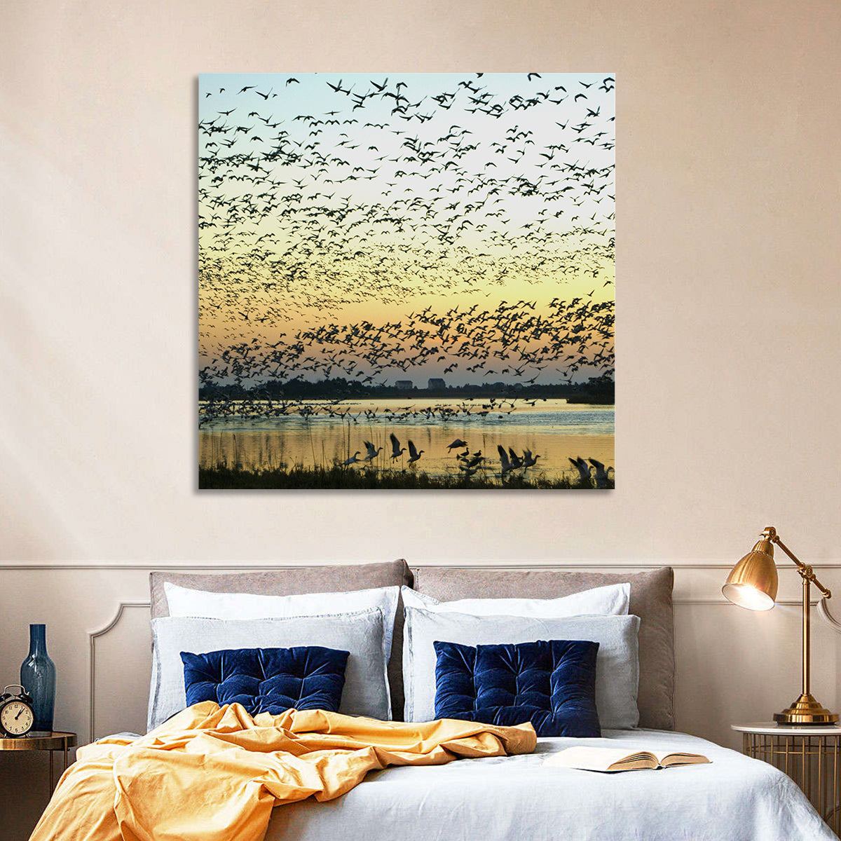 Snow Geese Over River Wall Art in a room, square