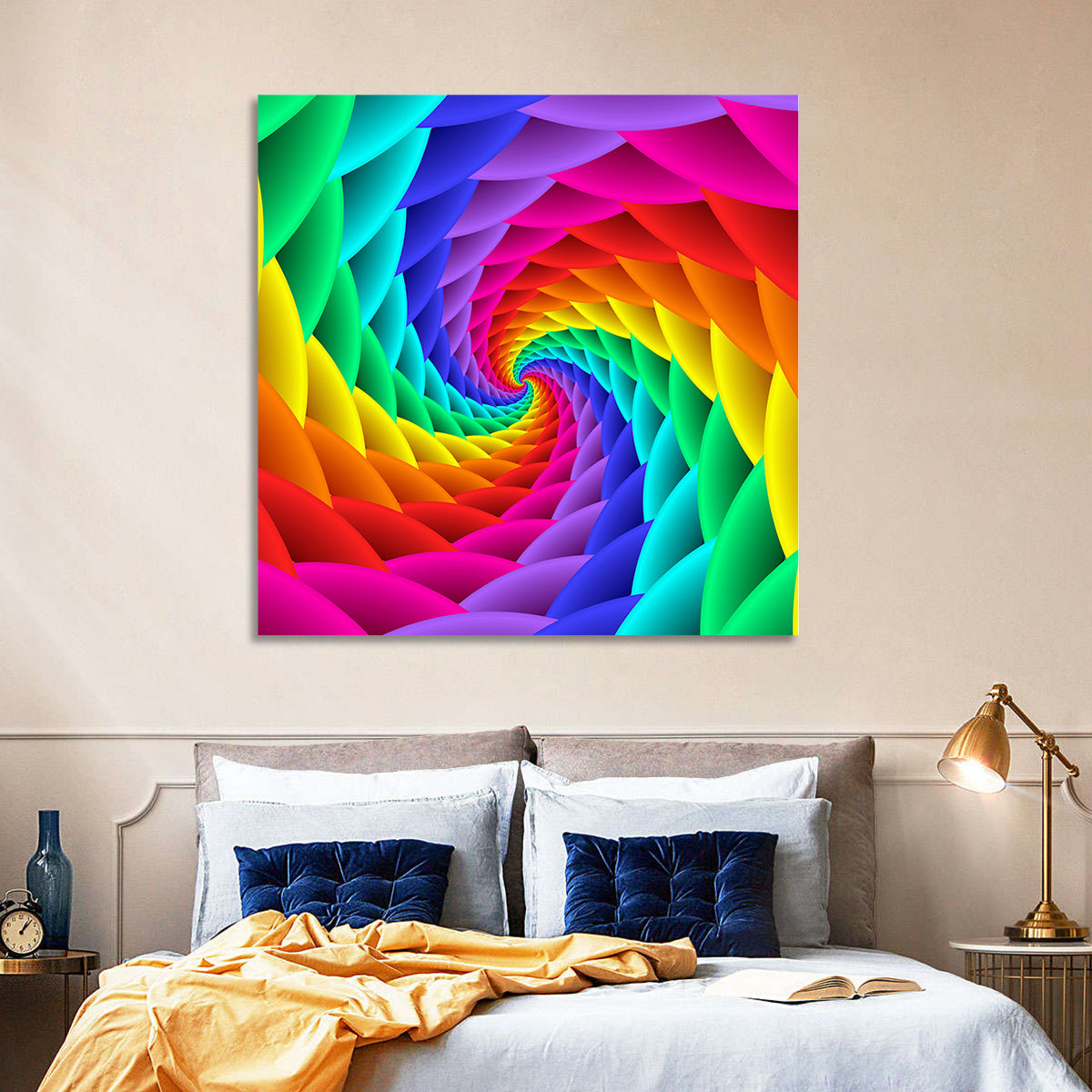 Rainbow Spiral Vortex Tunnel Wall Art in a room, square