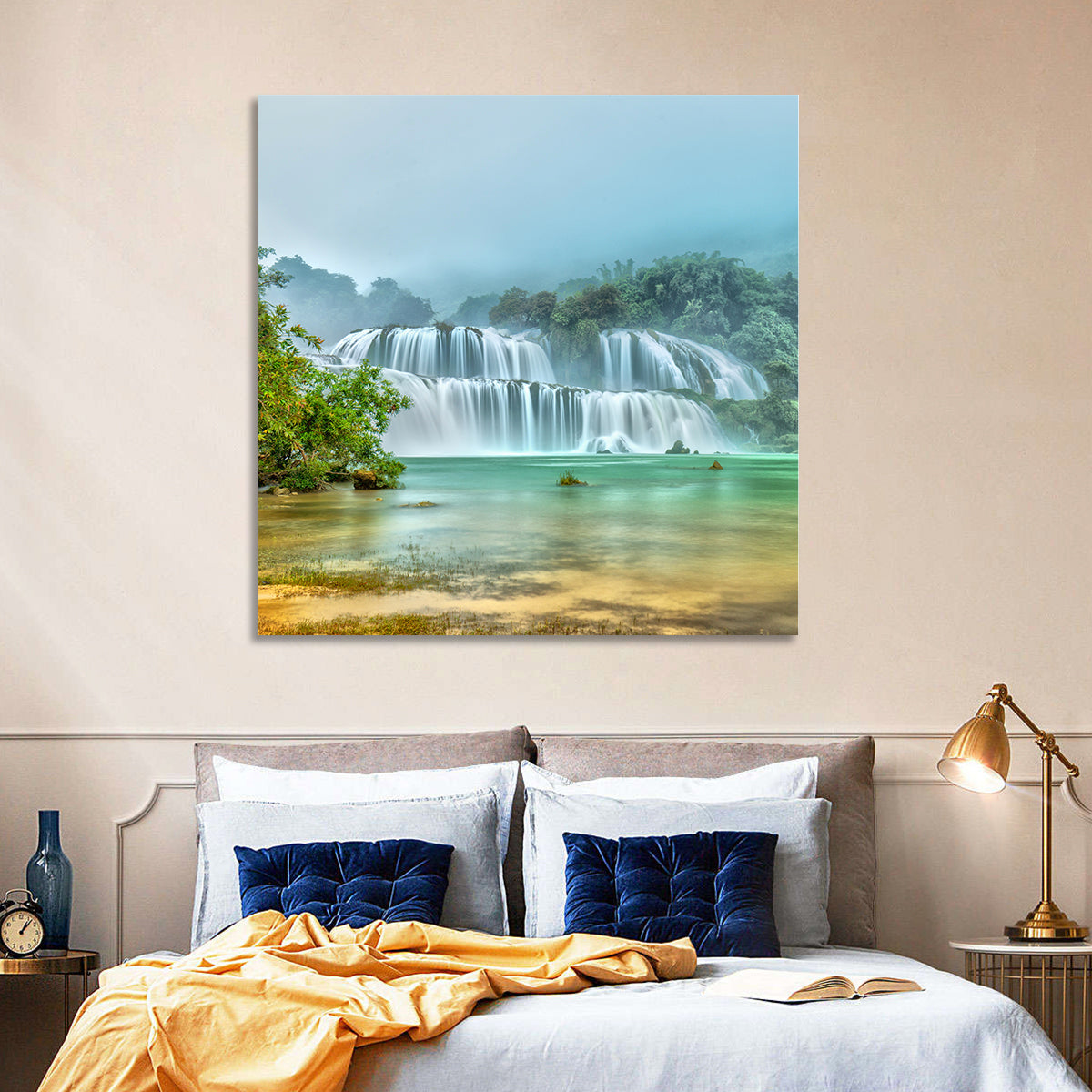 Ban Gioc Waterfalls Misty Morning Wall Art in a room, square