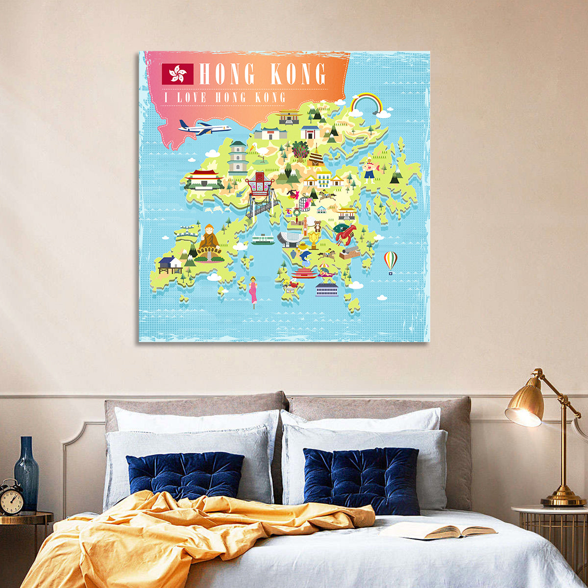 I Love Hong Kong Illustrated Cultural Map Wall Art in a room, square
