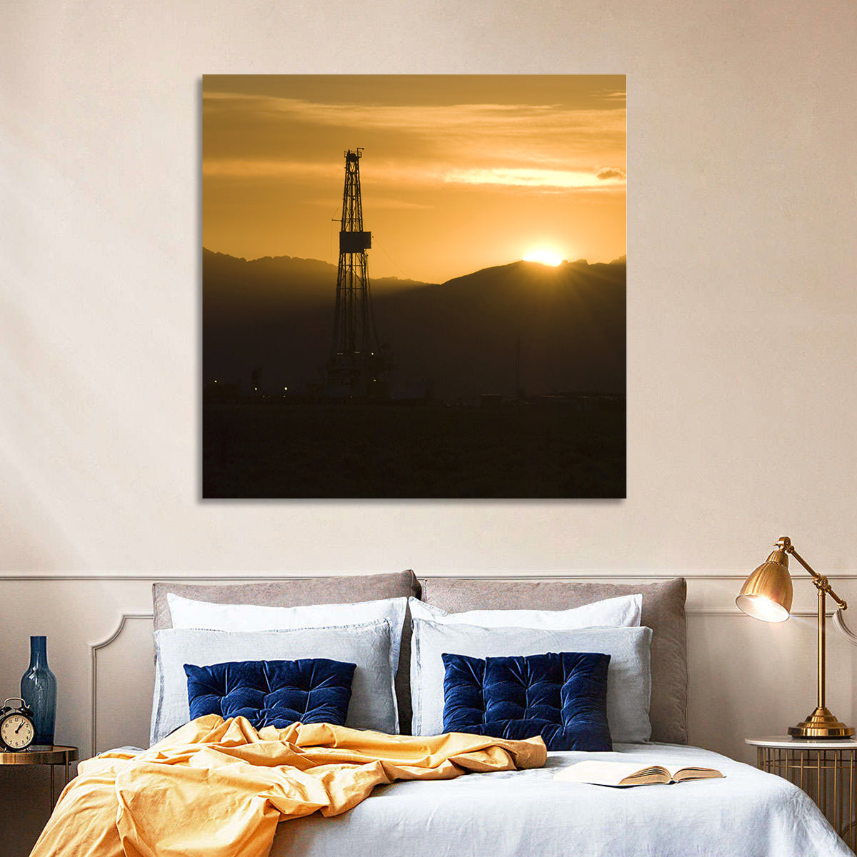 Sunrise Over Drilling Rig Wall Art in a room, square