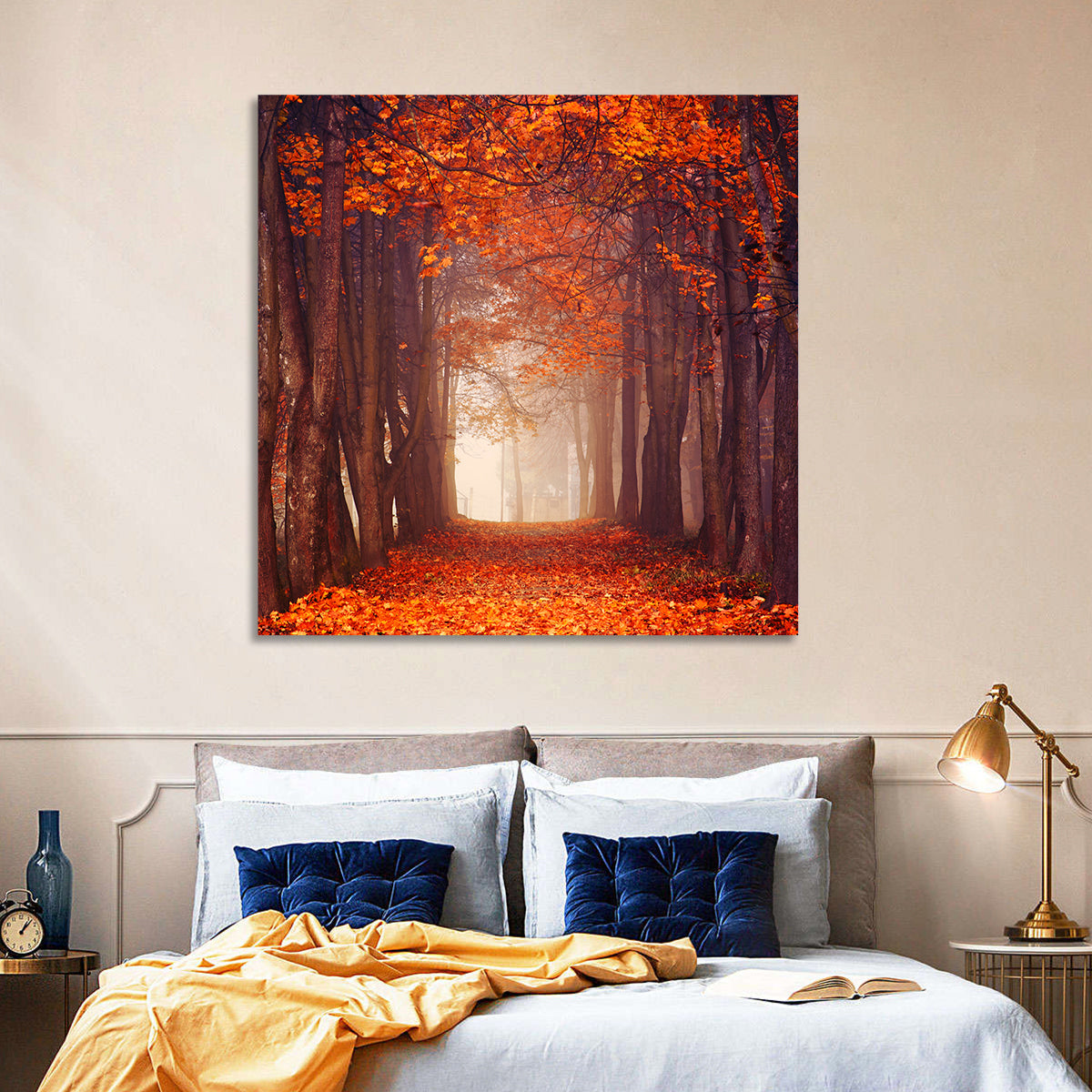 Misty Autumn Forest Path Wall Art in a room, square