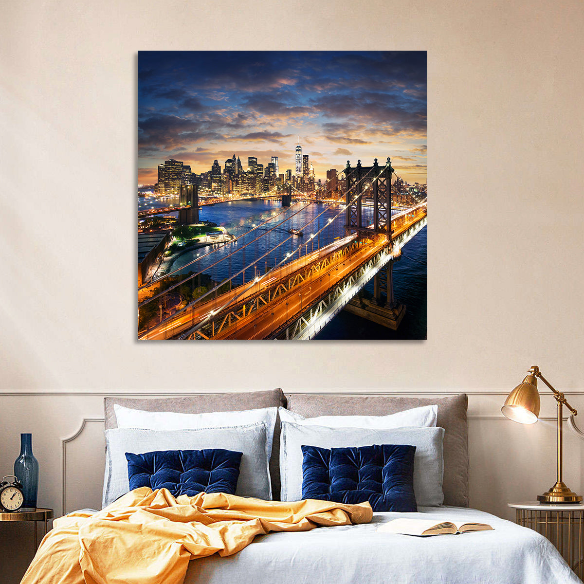 Manhattan Bridge Dusk Light Trails Wall Art in a room, square