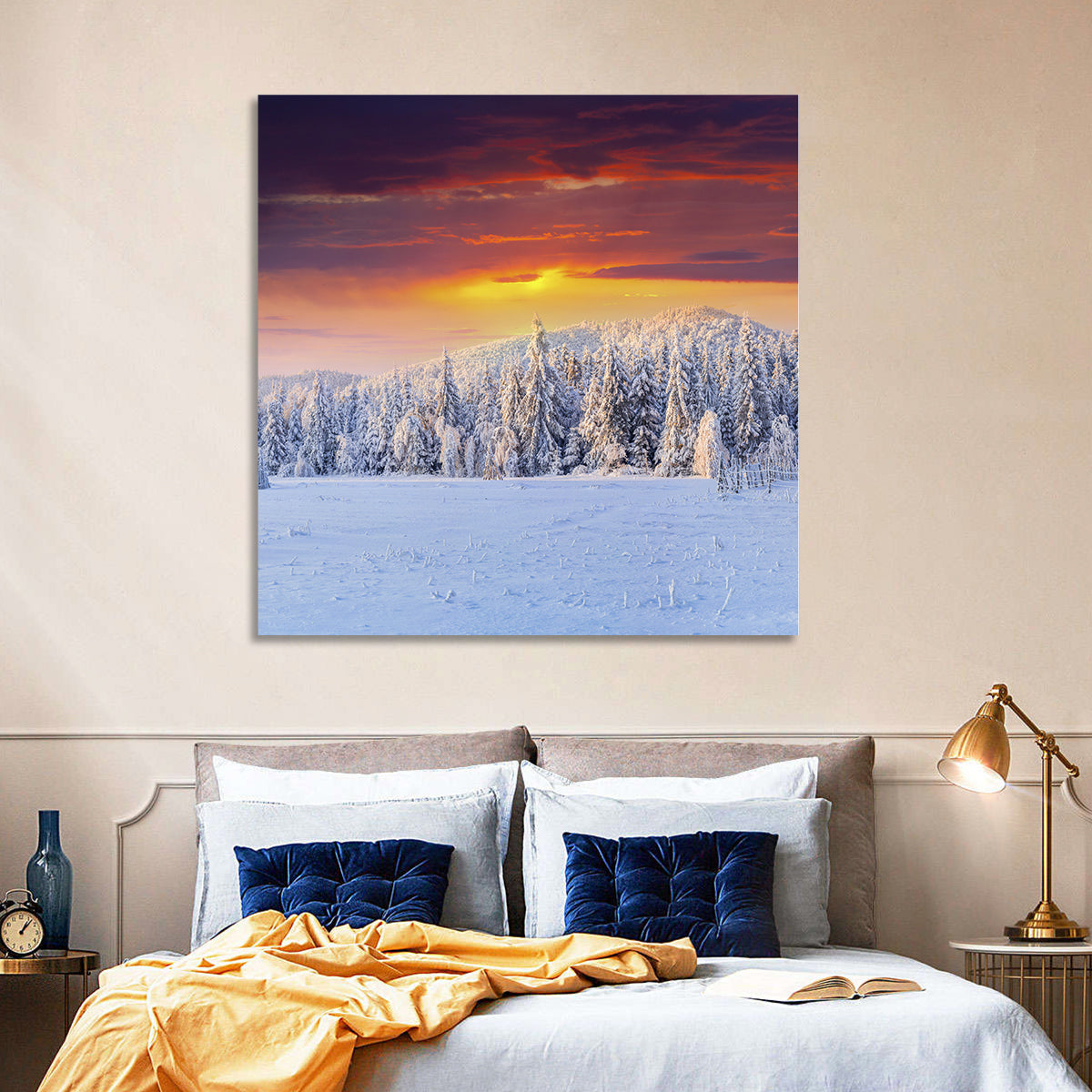 Snowy Forest Sunset Wall Art in a room, square