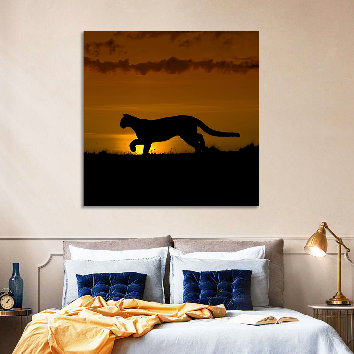Cougar Silhouette at Sunset Wall Art in a room, square
