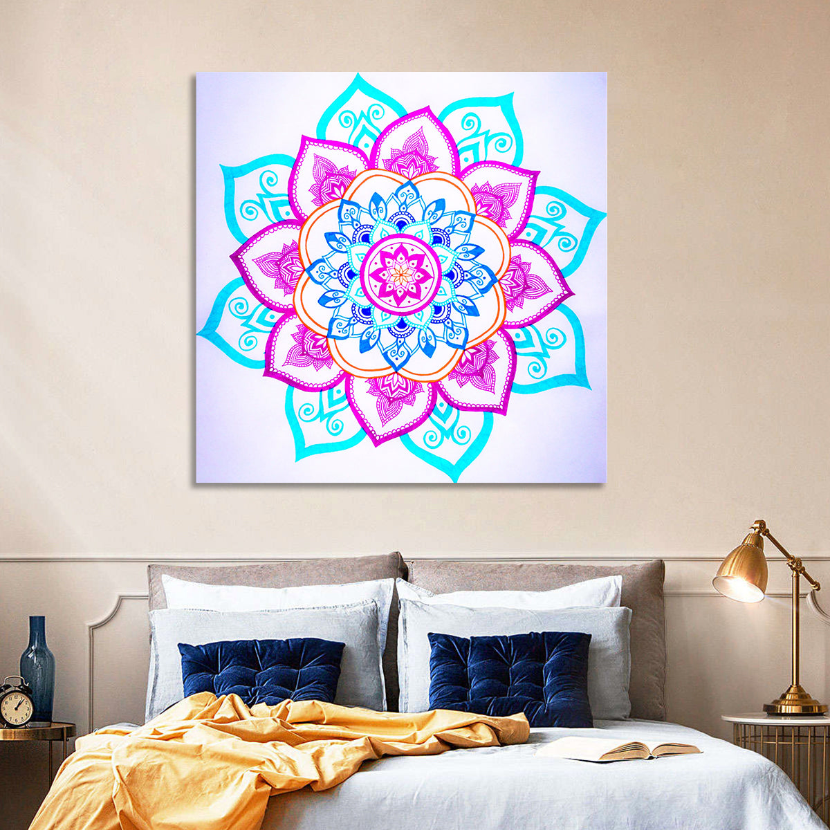 Vibrant Hand-drawn Mandala Flower Pattern Wall Art in a room, square