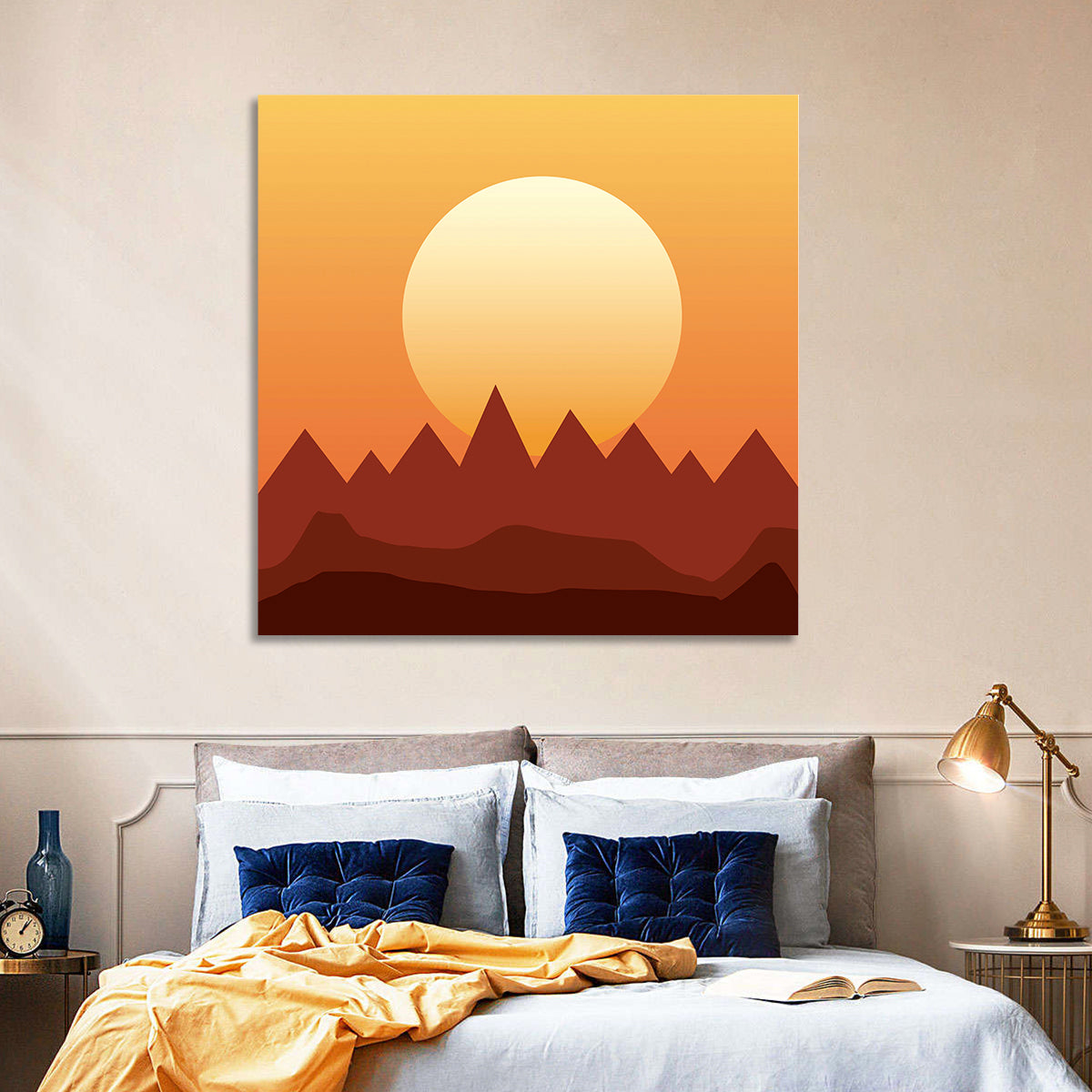 Geometric Mountain Sunset Wall Art in a room, square