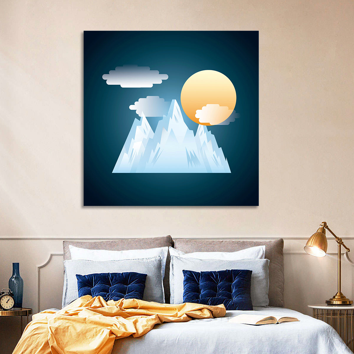 Geometric Snowy Mountain with Golden Sun Wall Art