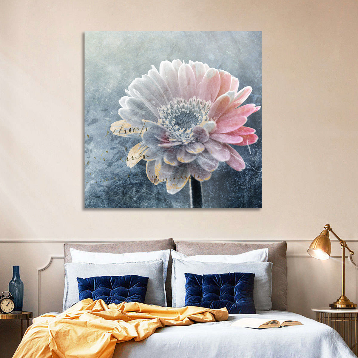 Winter Gerbera with Golden Script Wall Art in a room, square