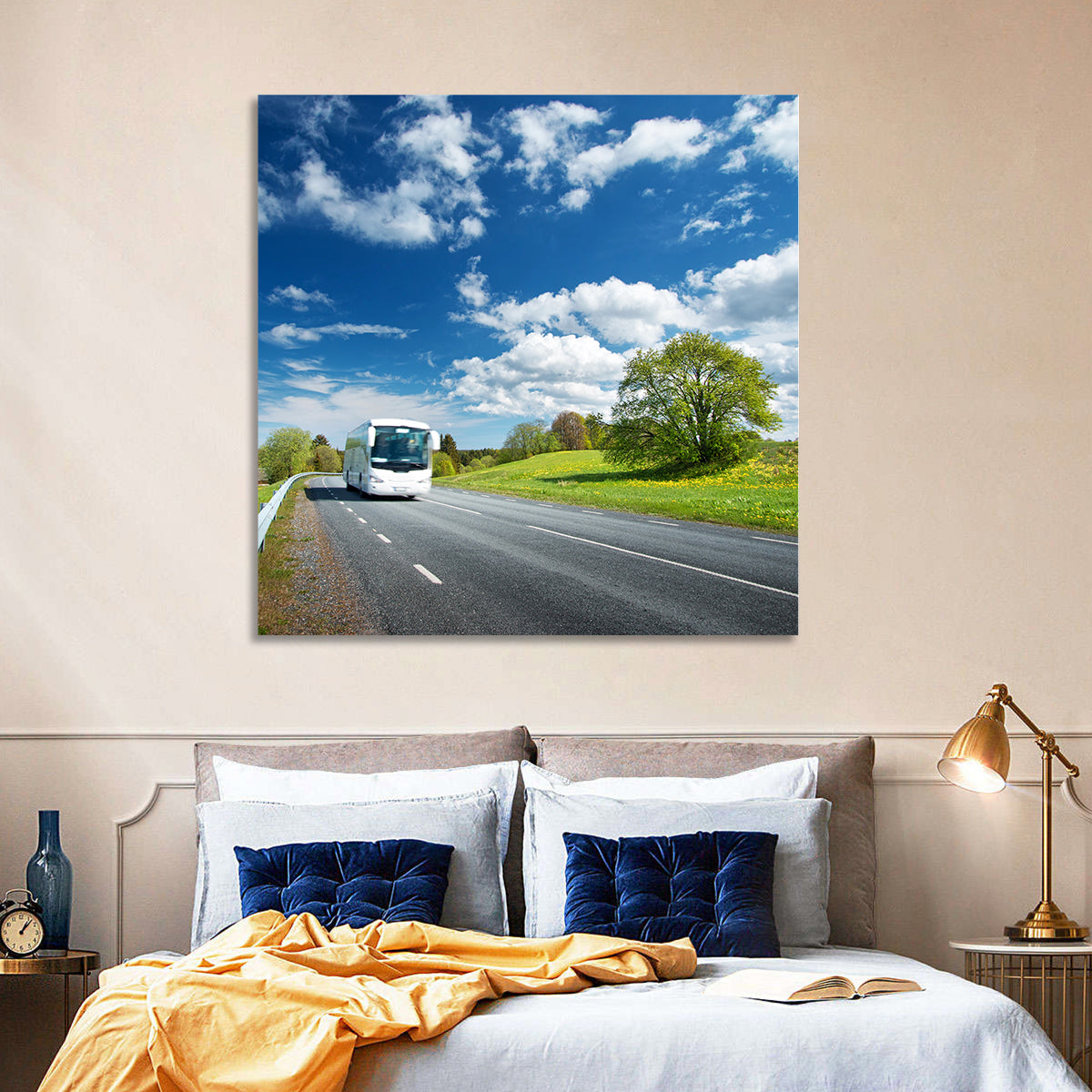 White Bus on Meadow Road Wall Art in a room, square