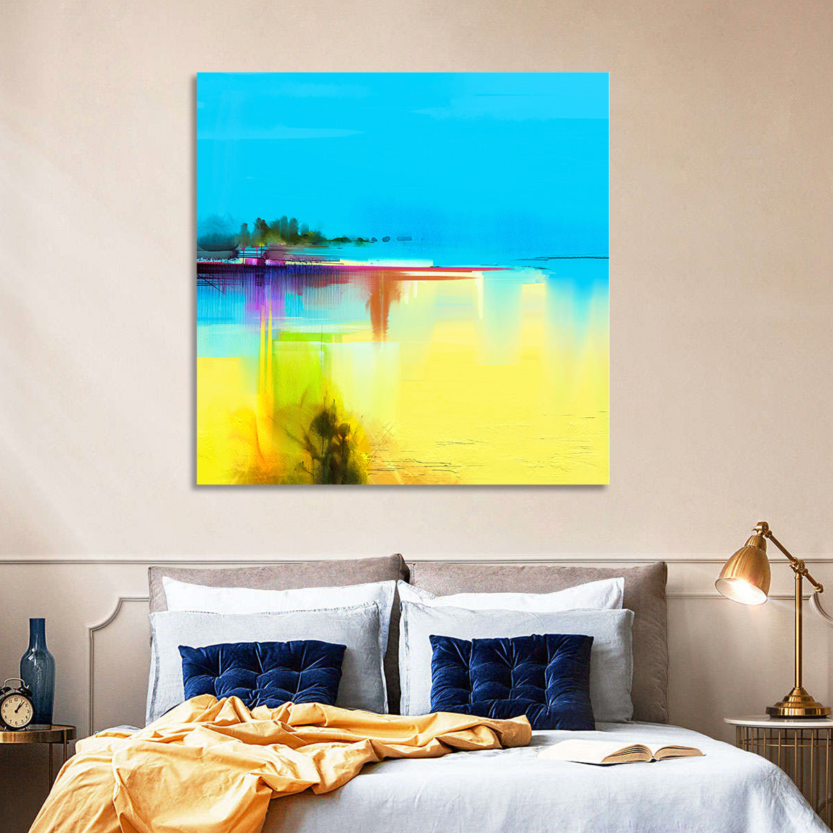 Sunlit Abstract Coastline in Spring Colors Wall Art in a room, square