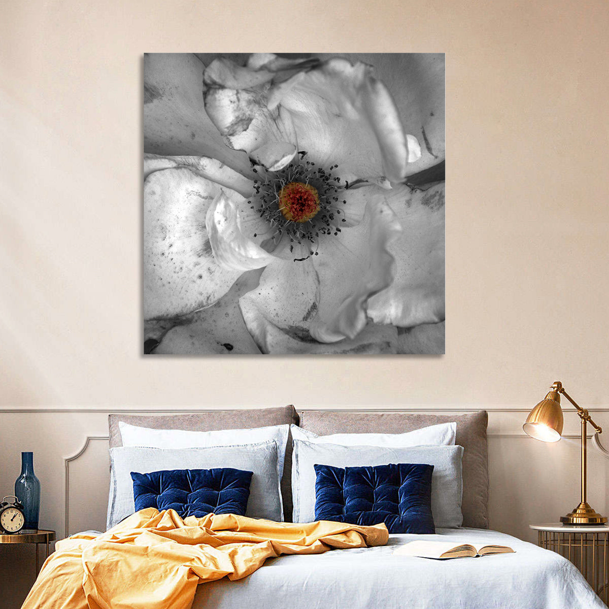 Rose Macro with Color Center Wall Art in a room, square