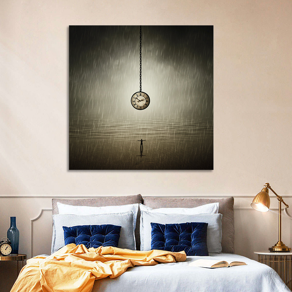 Suspended Pocket Watch in Rain Wall Art in a room, square