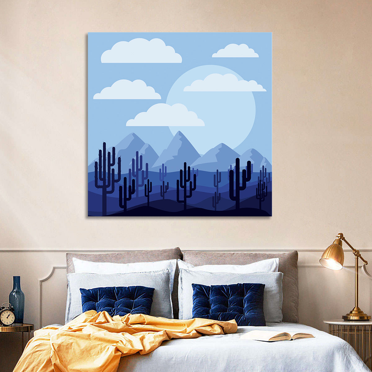 Blue Desert Cactus Illustration Wall Art in a room, square