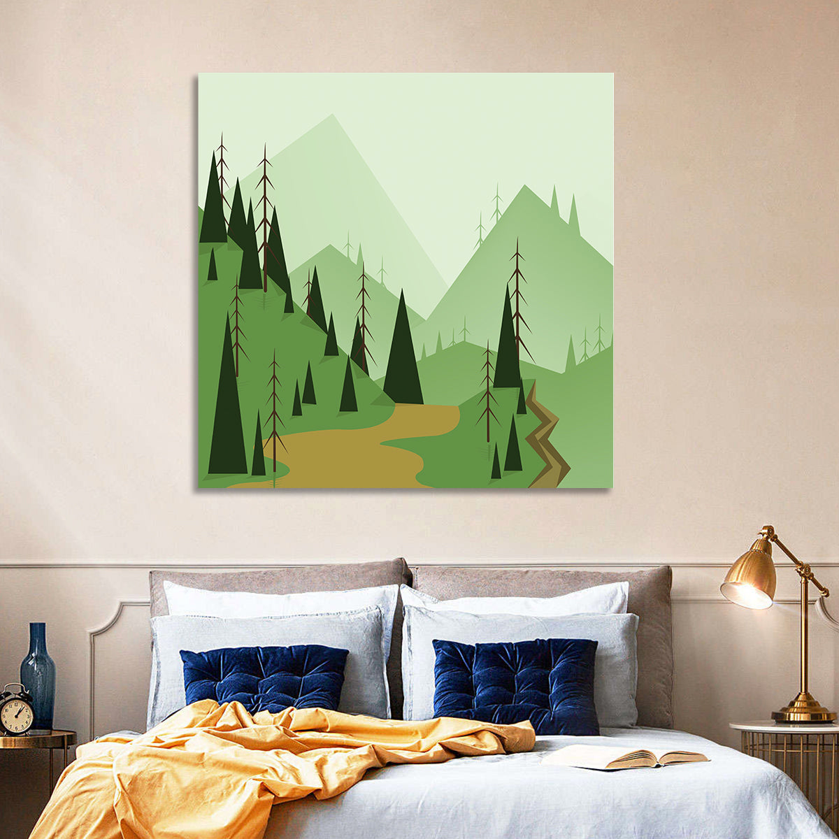 Green Foggy Hills Illustration Wall Art in a room, square