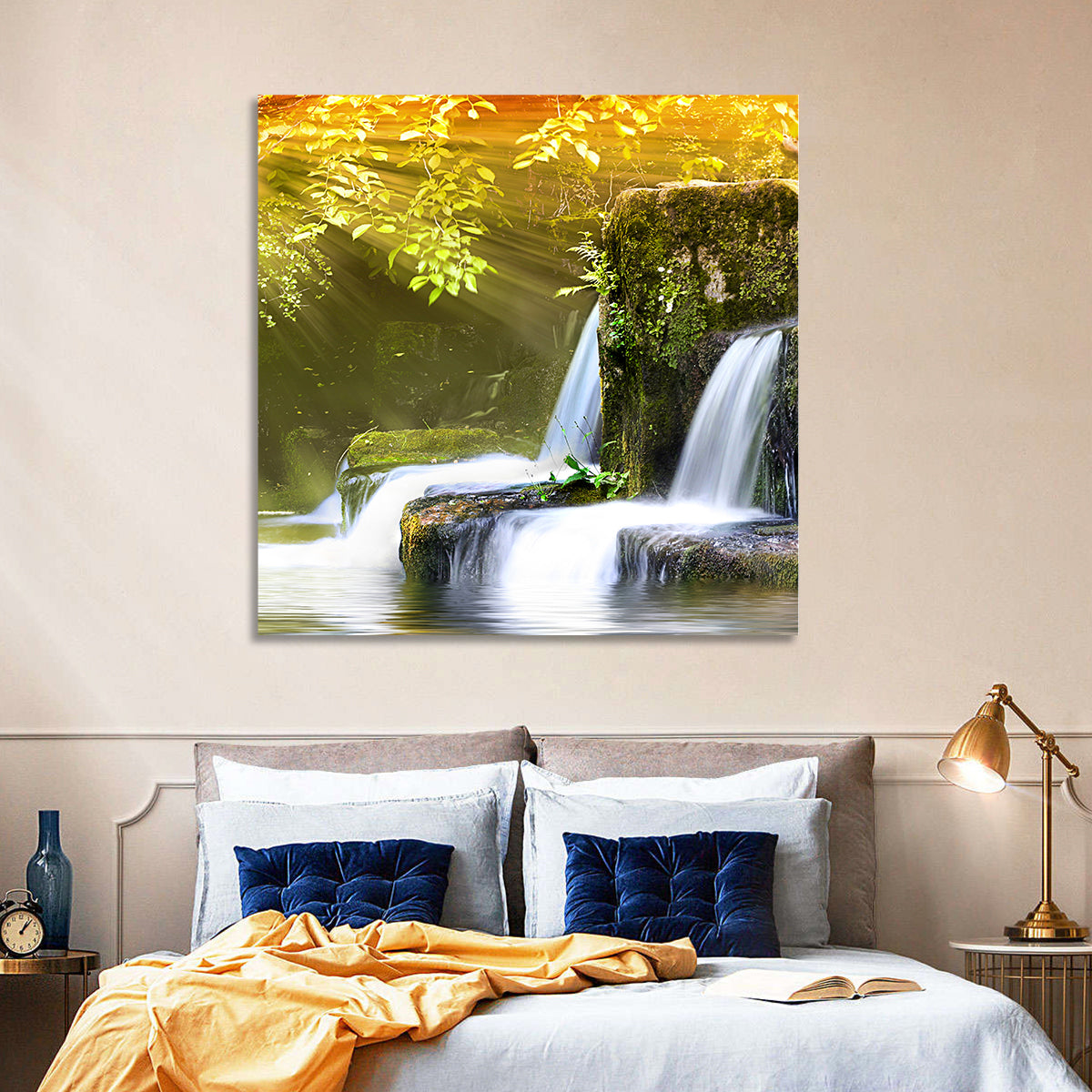 Sunlit Forest Waterfall Wall Art in a room, square