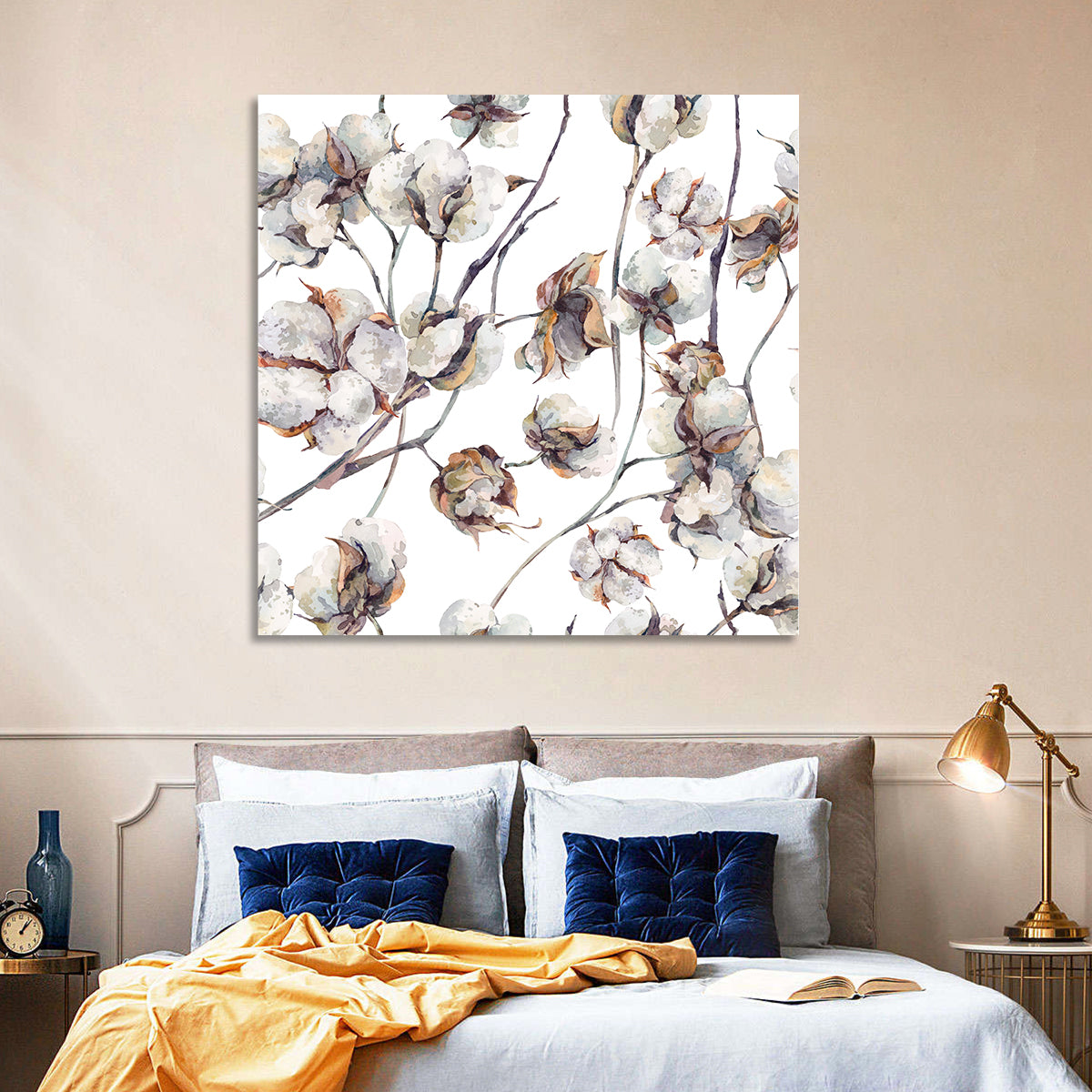 Watercolor Cotton Bolls Wall Art in a room, square