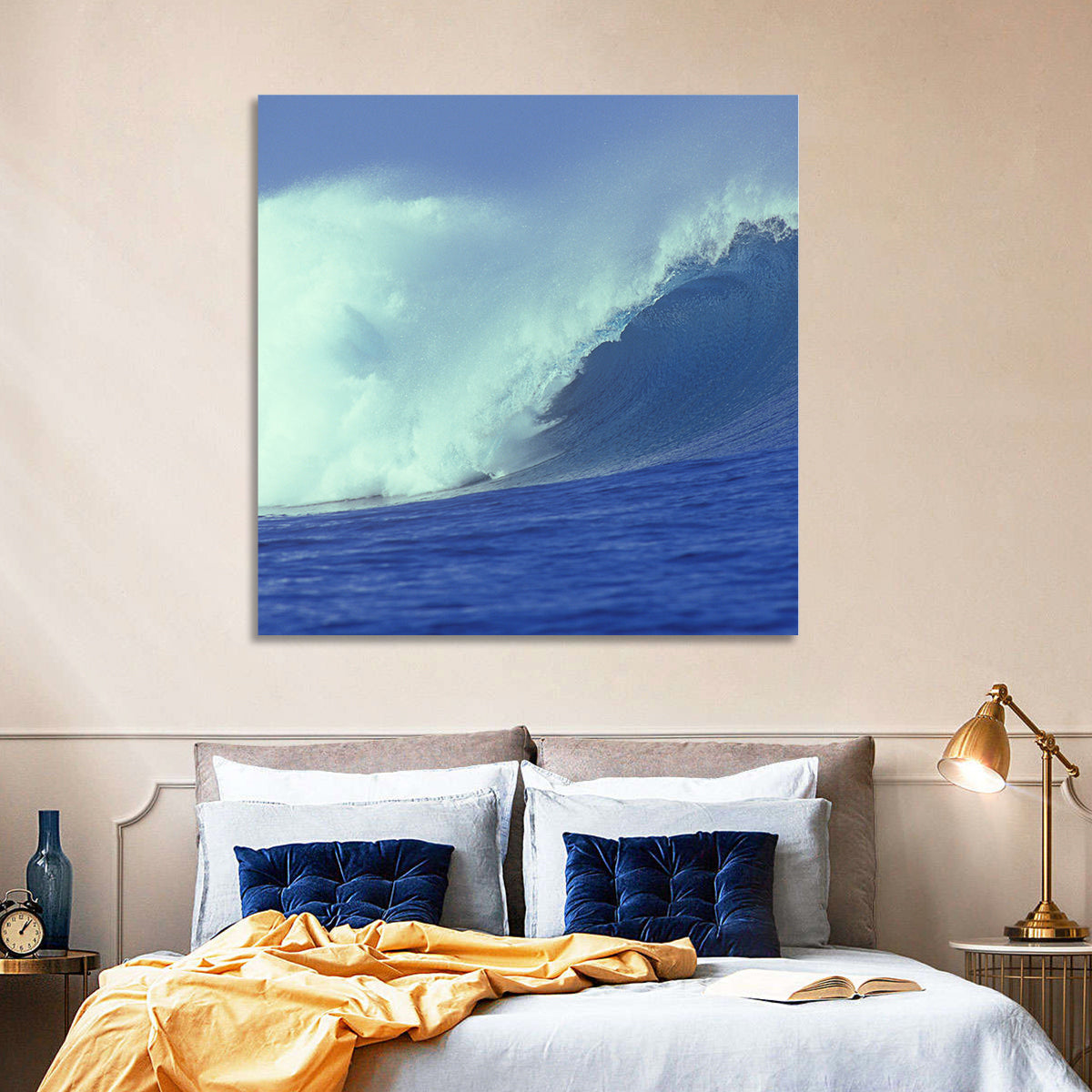 Deep Blue Barrel Wave Wall Art in a room, square