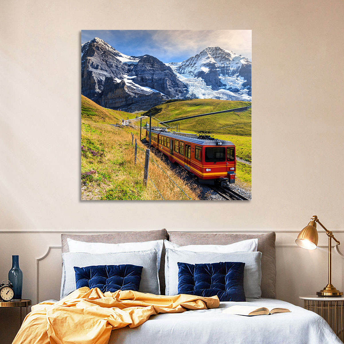 Red Alpine Train at Eiger Wall Art in a room, square
