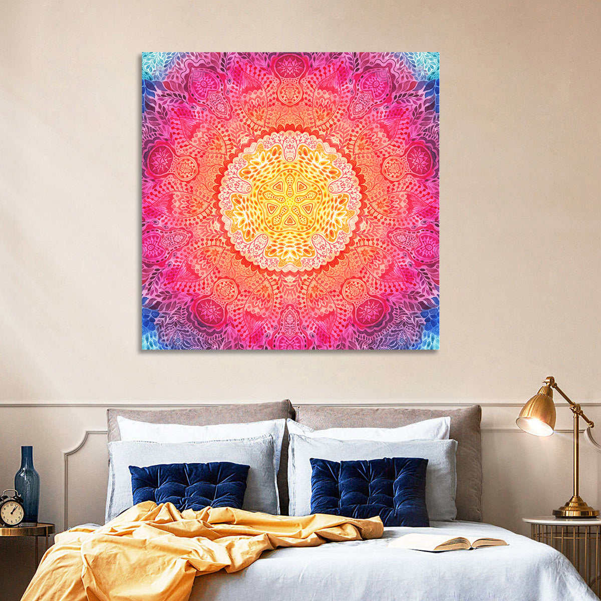 Watercolor Lace Mandala in Pink and Gold Wall Art in a room, square