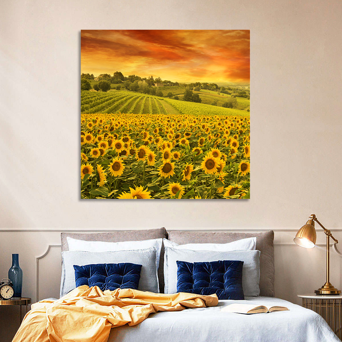 Sunflower Field at Golden Hour Wall Art in a room, square