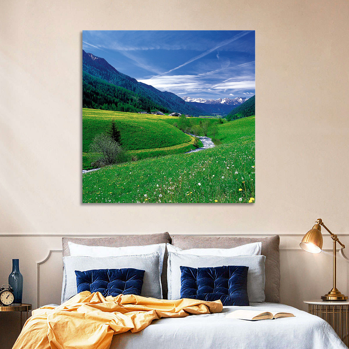 Snow-capped Peaks and Floral Meadow Wall Art in a room, square