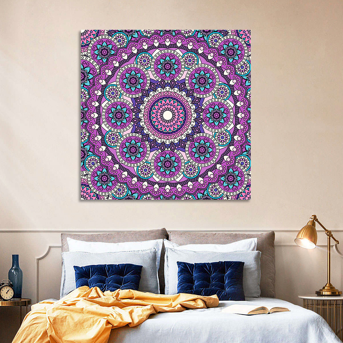 Vibrant Purple Teal Mandala Pattern Wall Art