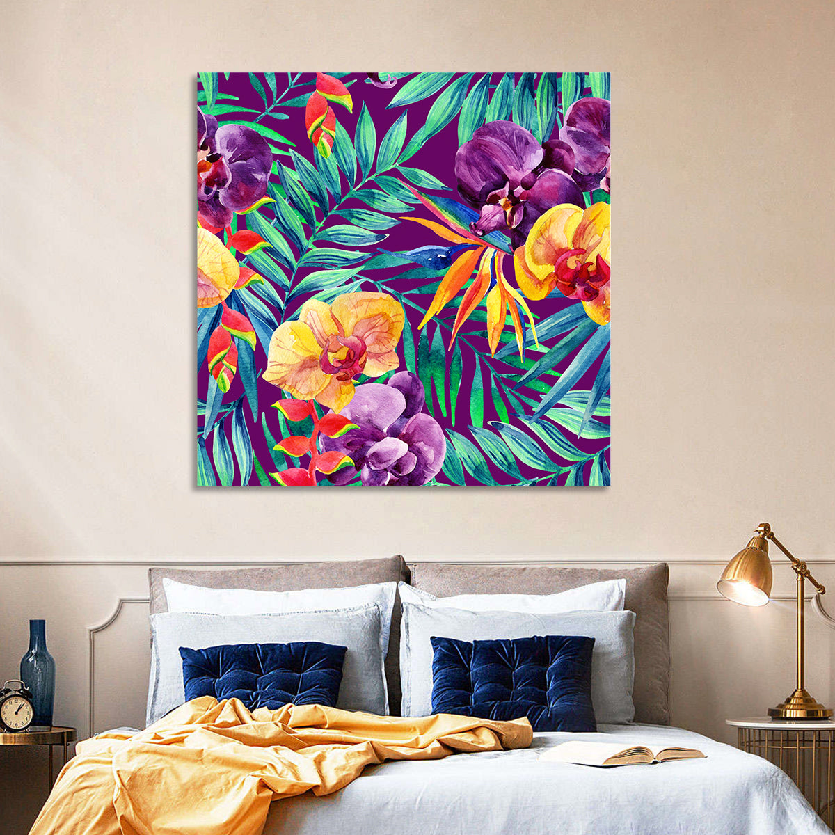 Tropical Orchid and Palm Pattern Wall Art in a room, square