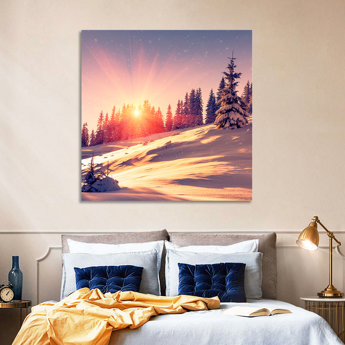Winter Mountains Sunrise Wall Art in a room, square