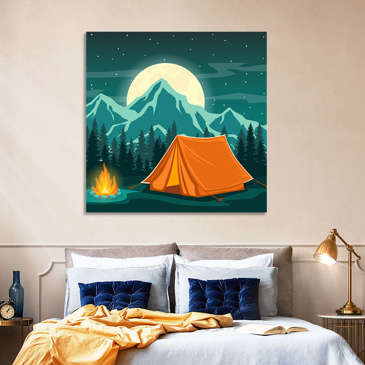 Moonlit Campfire Landscape Wall Art in a room, square
