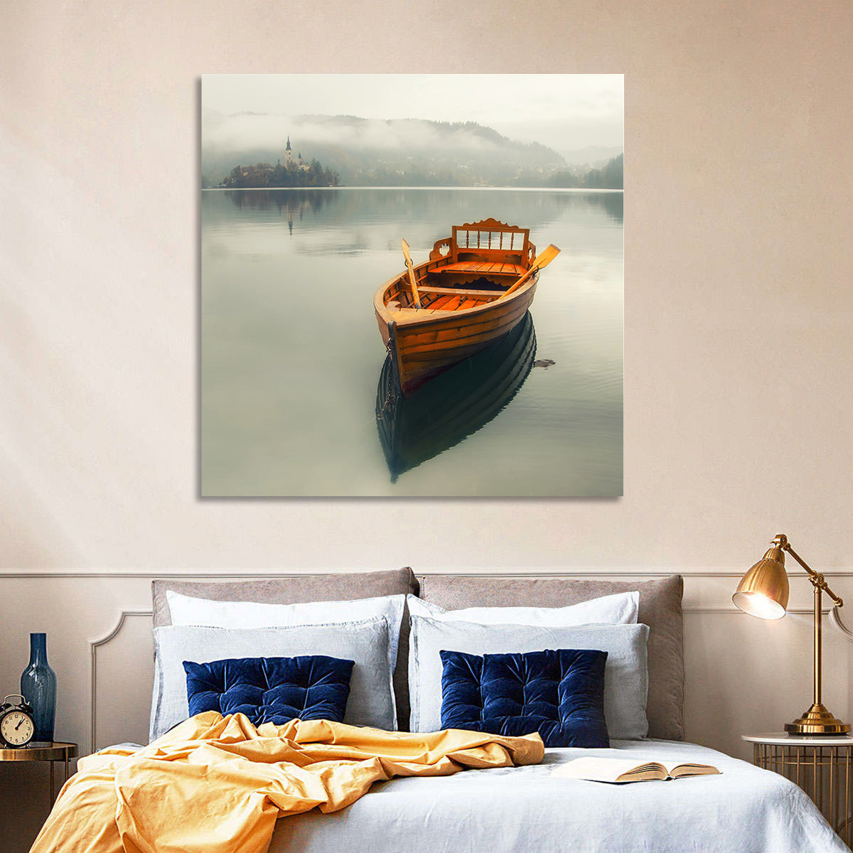 Wooden Boat on Misty Lake Bled Wall Art in a room, square