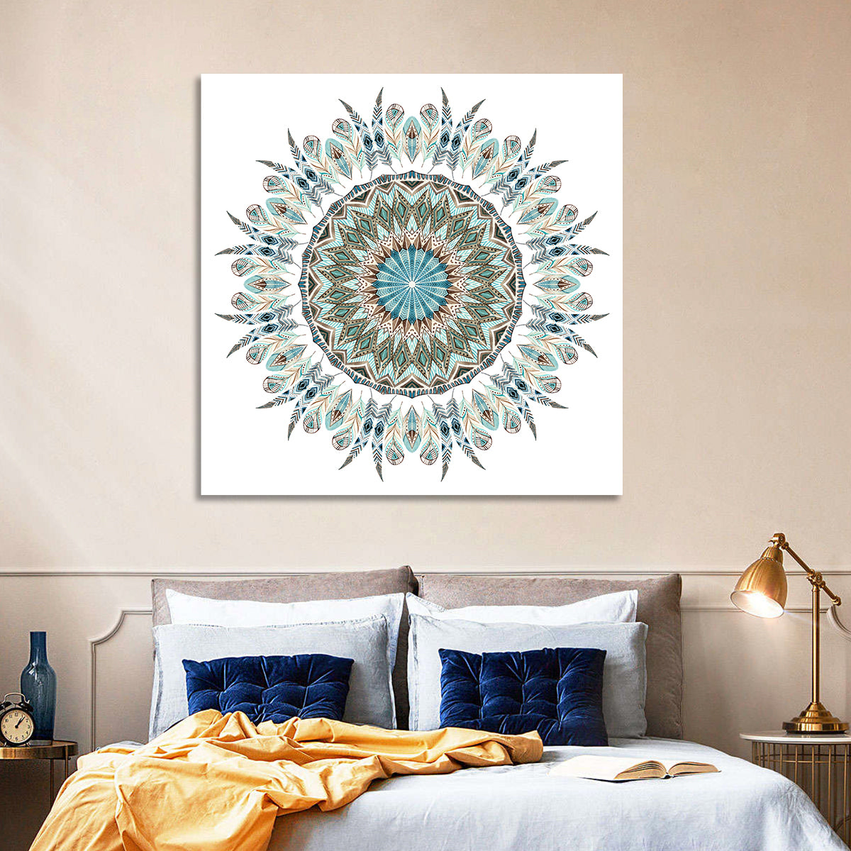 Layered Feather Mandala Wall Art in a room, square