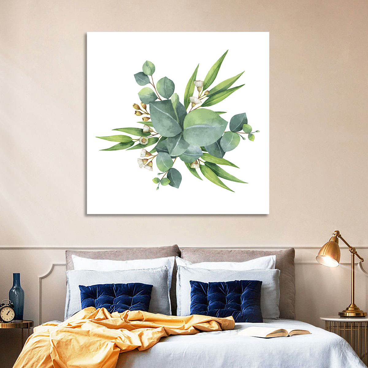 Eucalyptus Leaf Watercolor Cluster Wall Art in a room, square