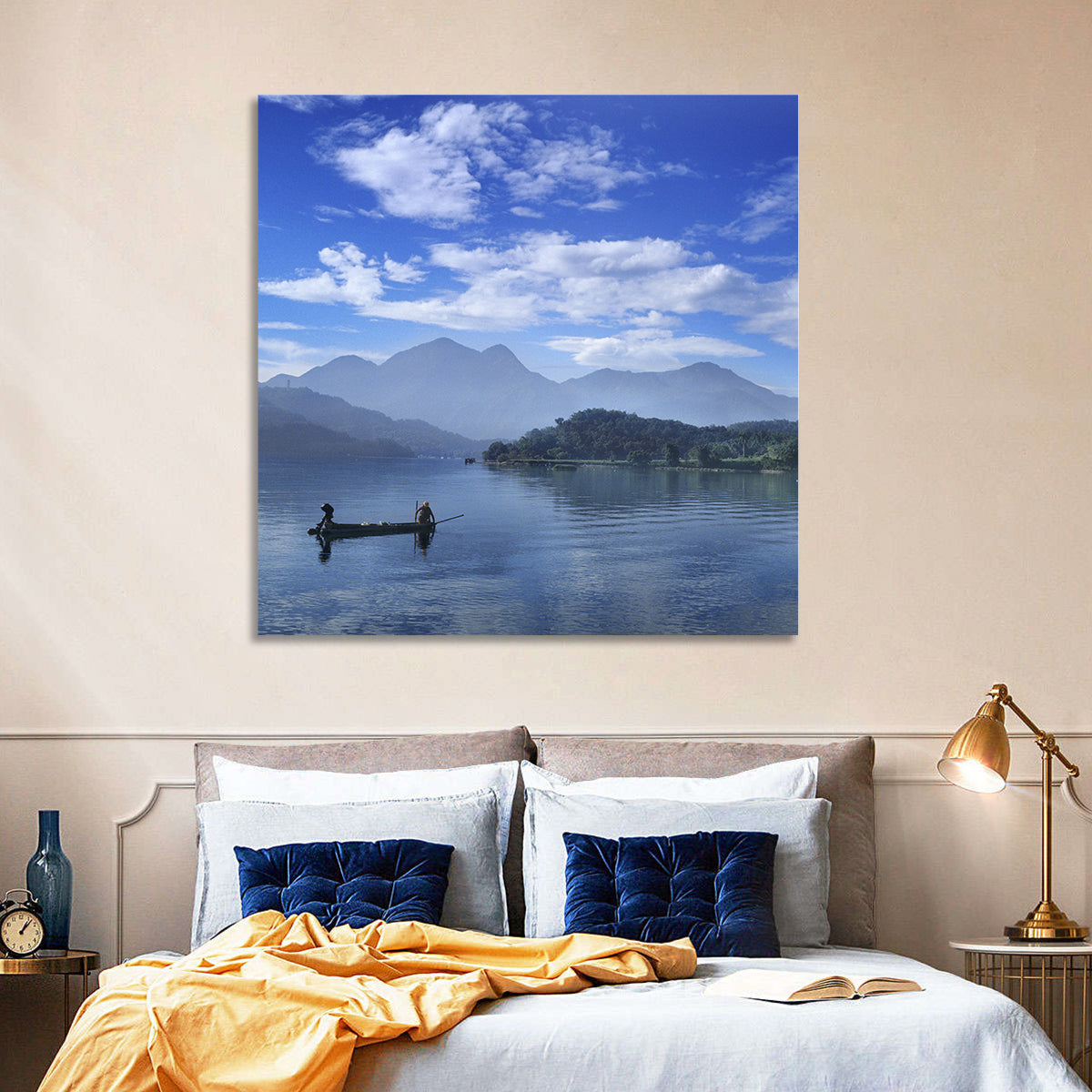 Sun Moon Lake Morning Mist Wall Art in a room, square
