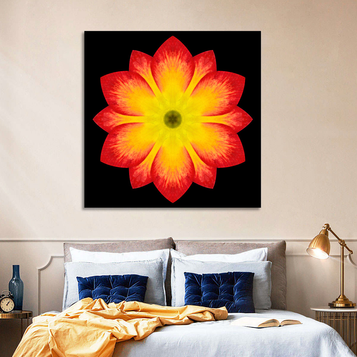 Red Yellow Mandala Flower Pattern Wall Art in a room, square