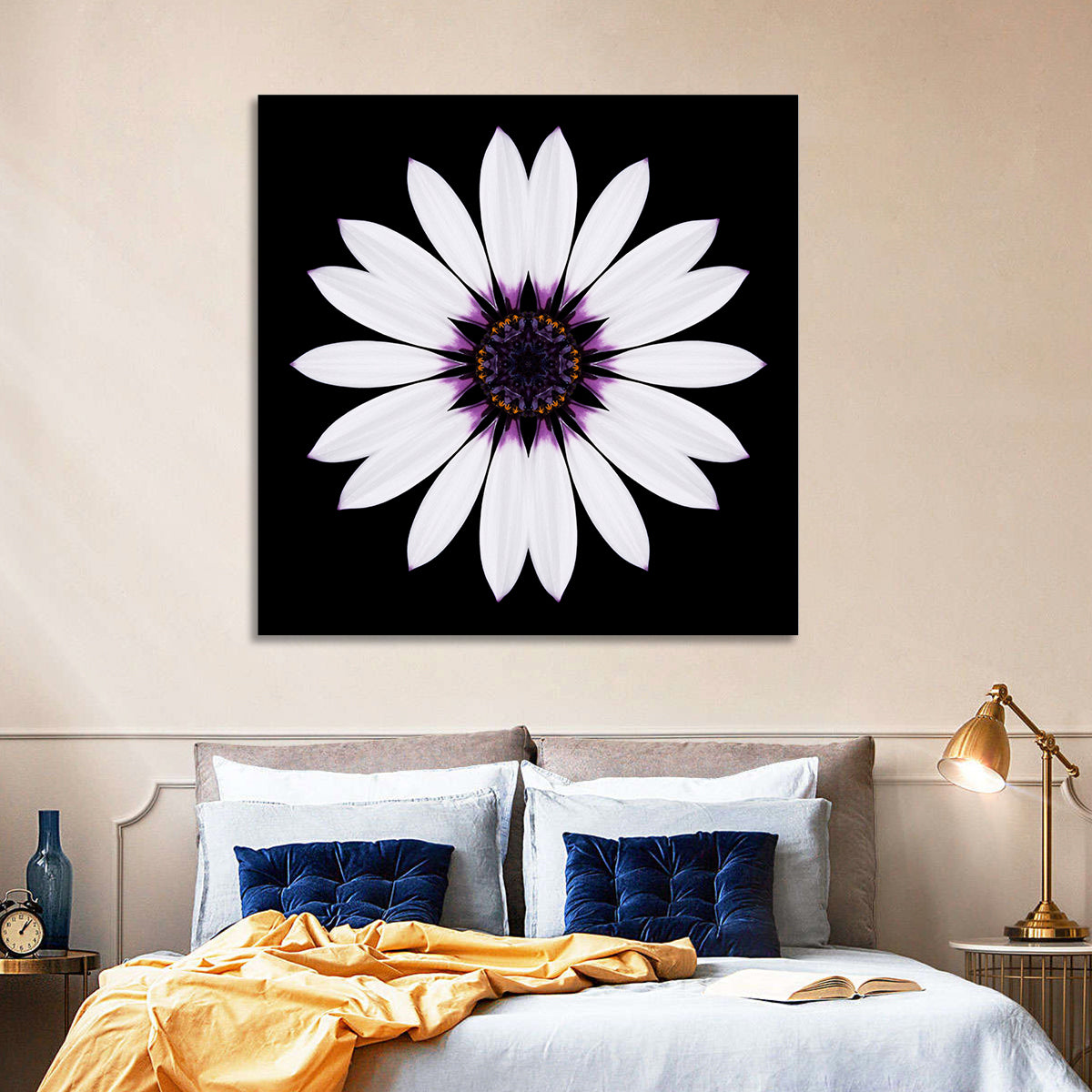 White Daisy Mandala on Black Wall Art in a room, square