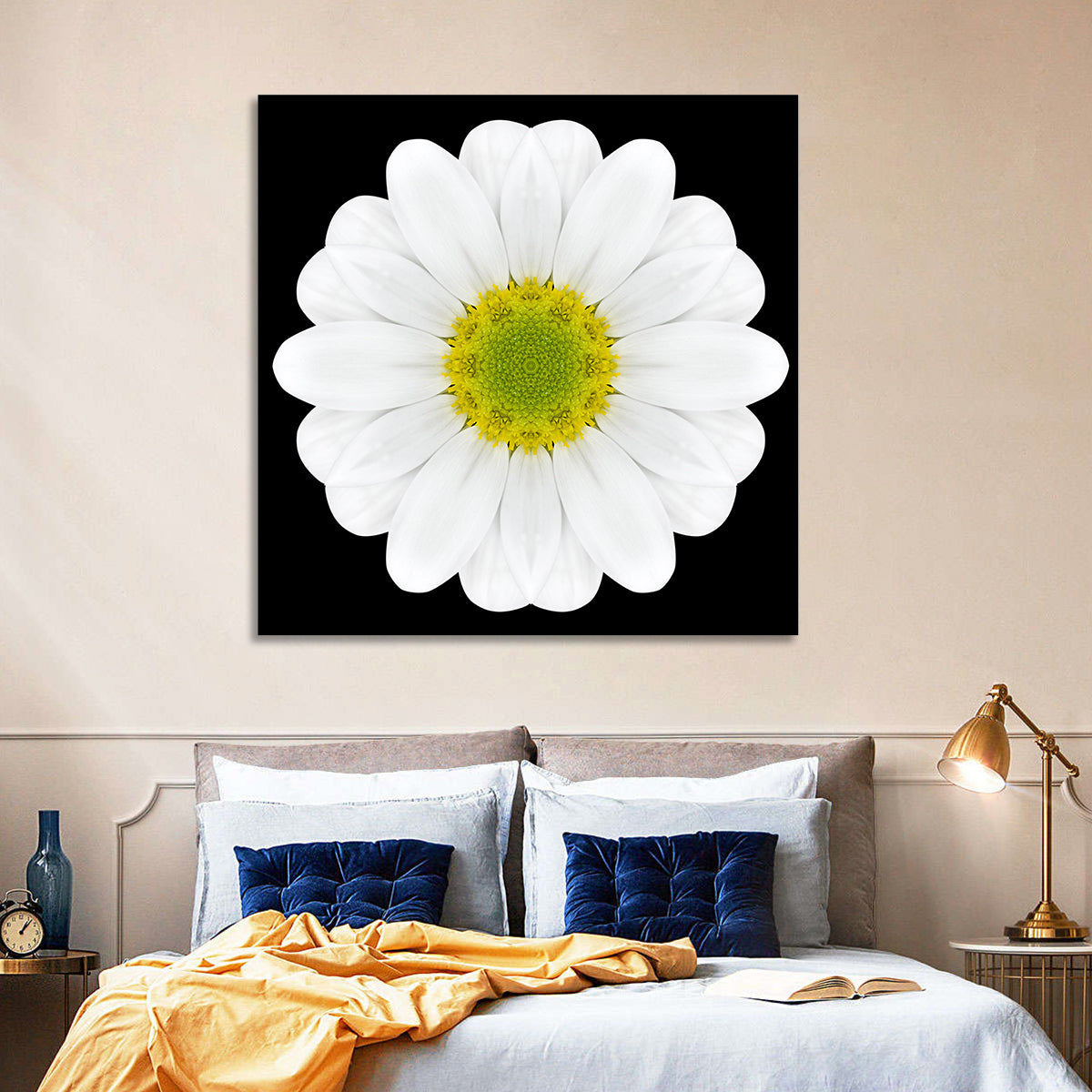 High Contrast Daisy Mandala Pattern Wall Art in a room, square