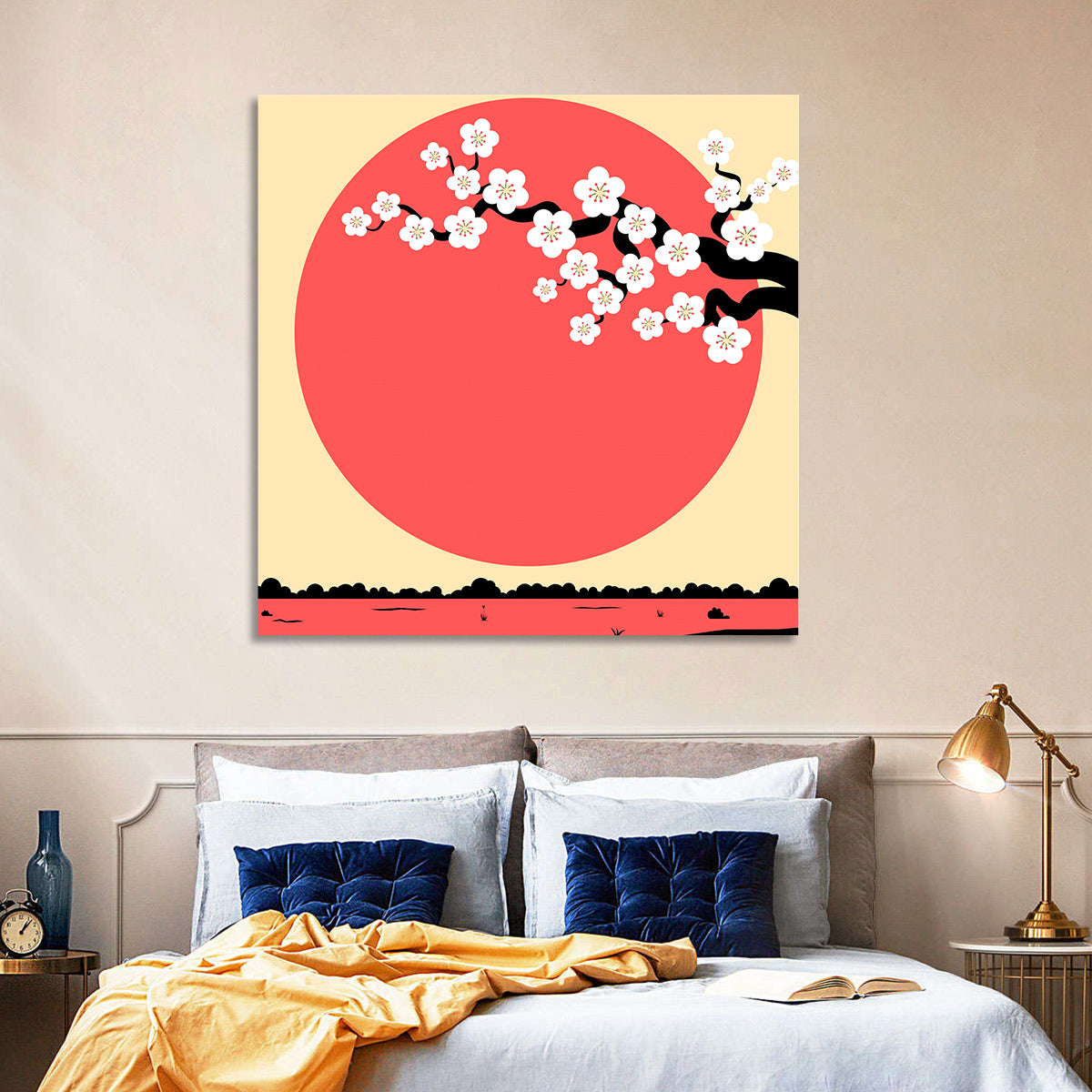 Cherry Blossom with Red Sun Wall Art in a room, square