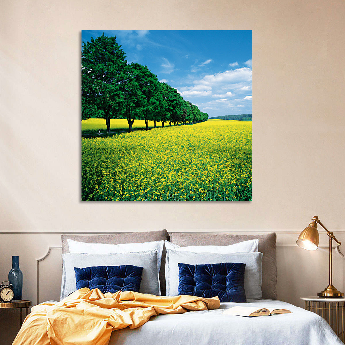 Spring Field of Yellow Flowers Wall Art in a room, square