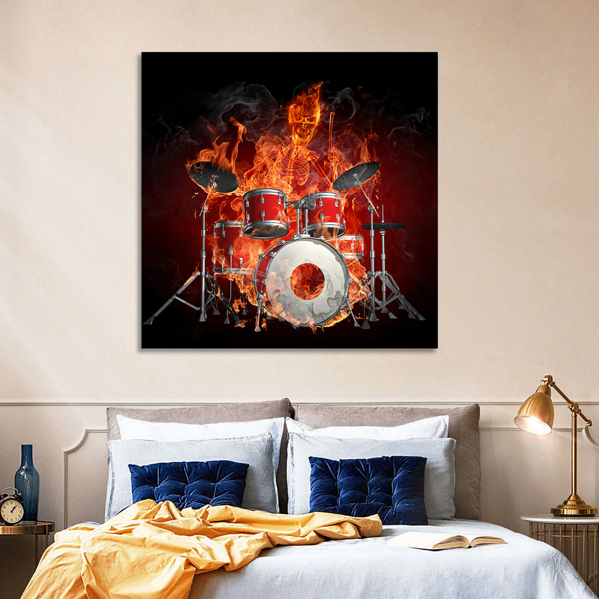 Flaming Skeleton Drummer Wall Art in a room, square