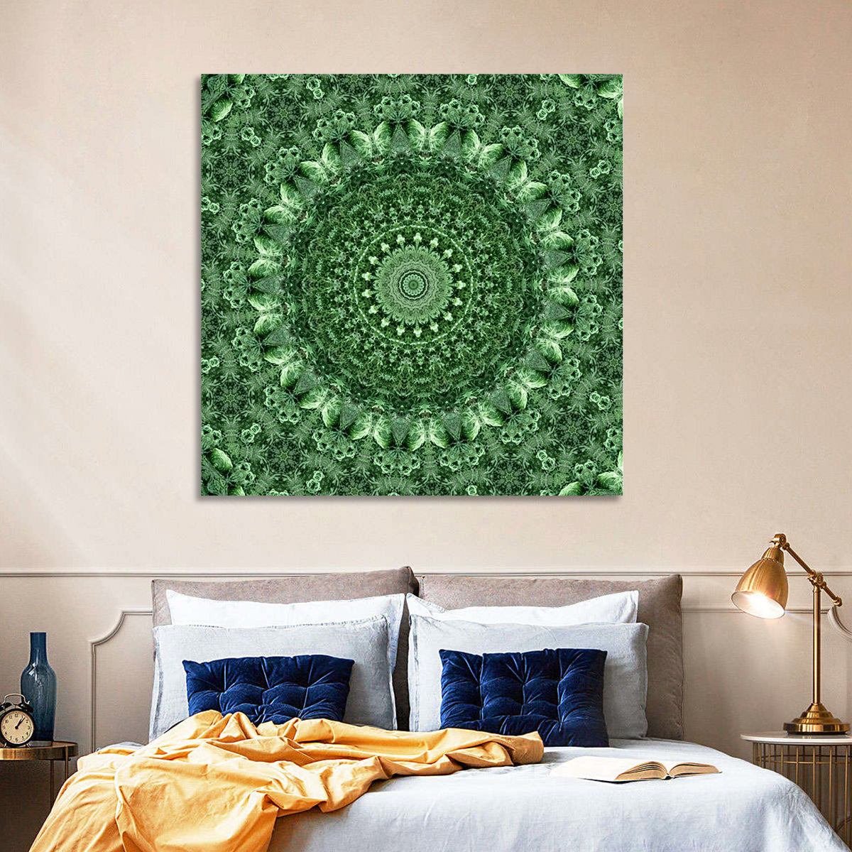 Green Botanical Kaleidoscope Mandala Wall Art in a room, square
